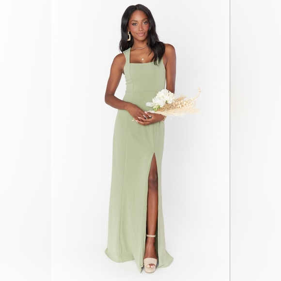 Mumu Paris Dress Formal Maxi Squareneck Side Slit Matching Sash Moss Green NWT - Picture 10 of 11